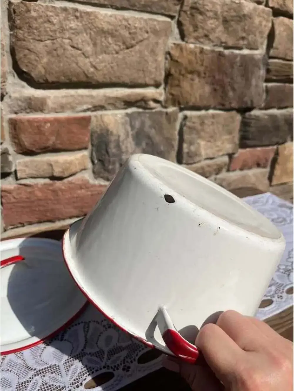Vintage White Enamelware Pot with Lid & Basin Set Red Trim Farmhouse Cookware